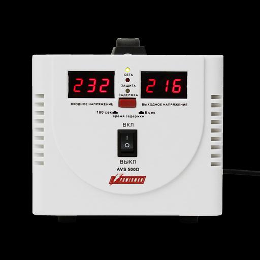 Стабилизатор POWERMAN AVS 500D, ступенчатый регулятор, цифровые индикаторы уровней напряжения, 500ВА, 140-260В, максимальный входной ток 5А, 2 евророзетки, IP-20, напольный, 200мм х 150мм х 140мм, 2,3 кг. POWERMAN AVS 500D фото 2