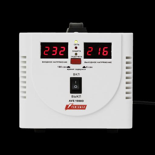 Стабилизатор POWERMAN AVS 1000D, ступенчатый регулятор, цифровые индикаторы уровней напряжения, 1000ВА, 140-260В, максимальный входной ток 7А, 2 евророзетки, IP-20, напольный, 200мм х 150мм х 140мм, 2,3 кг. POWERMAN AVS 1000D фото 2