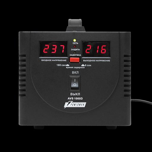 Стабилизатор POWERMAN AVS 1000D, черный, ступенчатый регулятор, цифровые индикаторы уровней напряжения, 1000ВА, 140-260В, максимальный входной ток 7А, 2 евророзетки, IP-20, напольный, 200мм х 150мм х 140мм, 2,3 кг. POWERMAN AVS 1000D (POWERMAN AVS 1000D фото 2