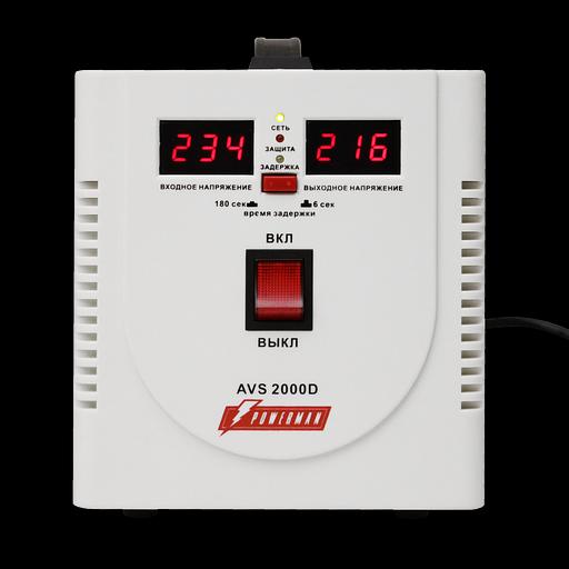 Стабилизатор POWERMAN AVS 2000D, ступенчатый регулятор, цифровые индикаторы уровней напряжения, 2000ВА, 140-260В, максимальный входной ток 12А, 2 евророзетки, IP-20, напольный, 200мм х 160мм х 190мм, 4.9 кг. POWERMAN AVS 2000D фото 2