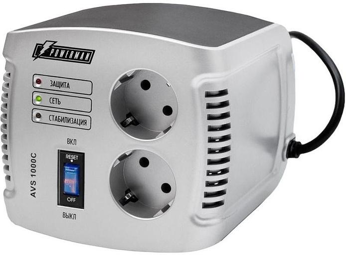 Стабилизатор POWERMAN AVS 1000C, ступенчатый регулятор, 1000ВА/500Вт, 150-280В, максимальный входной ток 8А, 2 евророзетки, IP-20, напольный, 151мм х 126мм х 123мм, 2 кг. POWERMAN AVS 1000C (POWERMAN AVS 1000 C) фото 1