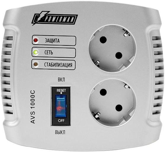 Стабилизатор POWERMAN AVS 1000C, ступенчатый регулятор, 1000ВА/500Вт, 150-280В, максимальный входной ток 8А, 2 евророзетки, IP-20, напольный, 151мм х 126мм х 123мм, 2 кг. POWERMAN AVS 1000C (POWERMAN AVS 1000 C) фото 2