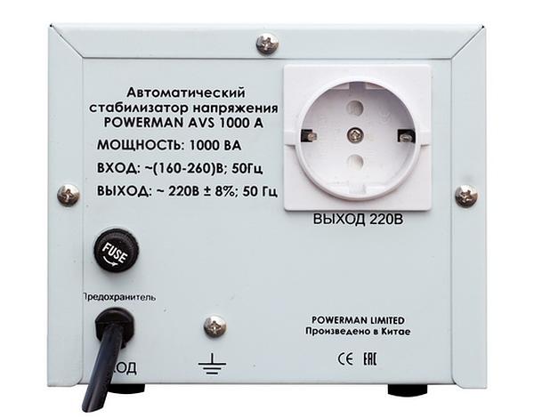 Стабилизатор POWERMAN AVS 1000A, ступенчатый регулятор, 1000ВА/550Вт, 160-260В, максимальный входной ток 7А, 1 евророзетка, IP-20, напольный, 190мм х 150мм х130мм, 2.87 кг. POWERMAN AVS 1000A фото 2