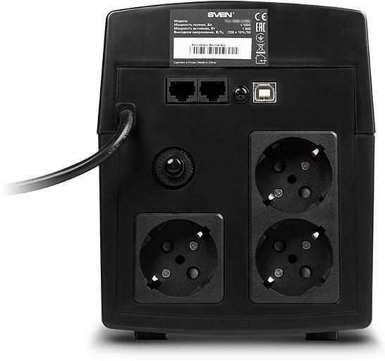 ИБП SVEN Pro 1500 (LCD, USB), линейно-интерактивный, автоматический стабилизатор напряжения, 1500Вт, 900Ва, 3 евророзетки, USB, RJ-45, черный, габариты 140?350?175мм, 10кг. (SV-013875) фото 3