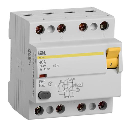 Выключатель дифф.тока УЗО IEK ВД1-63 MDV10-4-040-030 40A 30мА AC 4П 400В 4мод белый (упак.:1шт) фото 1