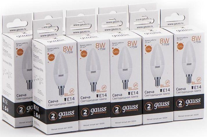 Лампа светодиодная Gauss Elementary 8Вт цок.:E14 свеча 220B 3000K св.свеч.бел.теп. С35 (упак.:10шт) (33118) фото 2