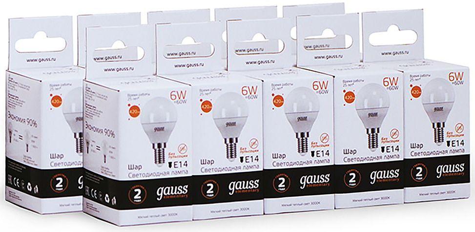 Лампа светодиодная Gauss Elementary 6Вт цок.:E14 шар 220B 3000K св.свеч.бел.теп. (упак.:10шт) (53116) фото 3