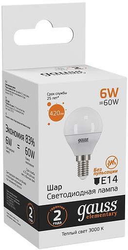Лампа светодиодная Gauss Elementary 6Вт цок.:E14 шар 220B 3000K св.свеч.бел.теп. (упак.:10шт) (53116) фото 4