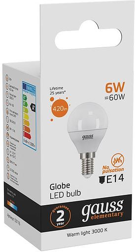 Лампа светодиодная Gauss Elementary 6Вт цок.:E14 шар 220B 3000K св.свеч.бел.теп. (упак.:10шт) (53116) фото 5