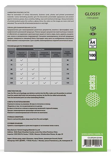 Пленка для ламинирования Cactus 125мкм A4 (100шт) глянцевая 216x303мм CS-LPGA4125100 фото 2