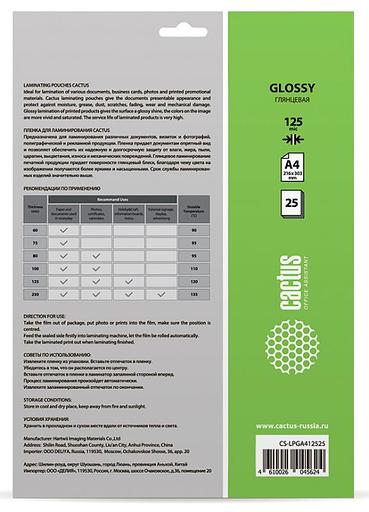 Пленка для ламинирования Cactus 125мкм A4 (25шт) глянцевая 216x303мм CS-LPGA412525 фото 2