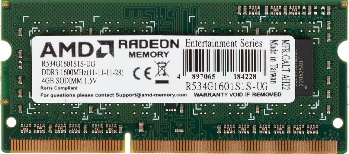Память DDR3 4Gb 1600MHz AMD R534G1601S1S-UG RTL PC3-12800 CL11 SO-DIMM 204-pin 1.5В фото 1