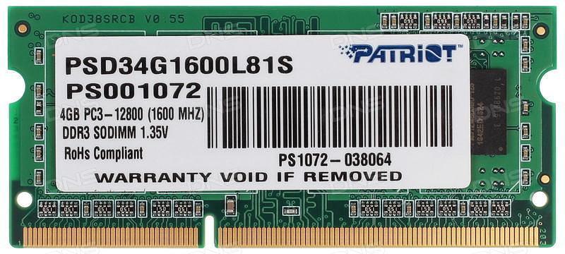 Модуль памяти для ноутбука SODIMM 4GB PC12800 DDR3L PSD34G1600L81S PATRIOT фото 1