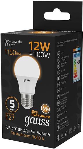 Лампа светодиодная Gauss A60 12Вт цок.:E27 шар 220B 3000K св.свеч.бел.теп. A60 (упак.:10шт) (102502112) фото 2