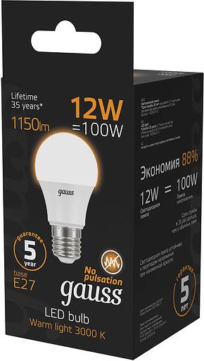 Лампа светодиодная Gauss A60 12Вт цок.:E27 шар 220B 3000K св.свеч.бел.теп. A60 (упак.:10шт) (102502112) фото 3