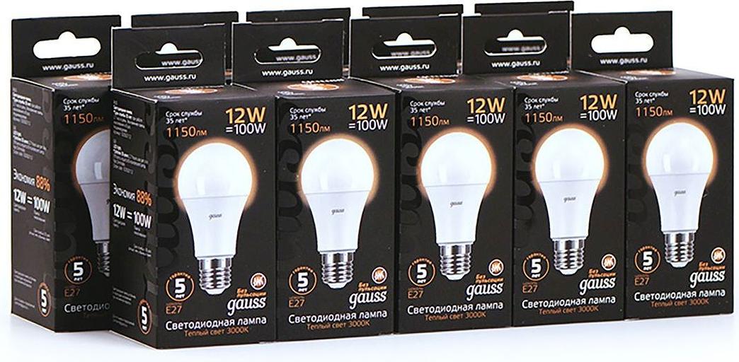 Лампа светодиодная Gauss A60 12Вт цок.:E27 шар 220B 3000K св.свеч.бел.теп. A60 (упак.:10шт) (102502112) фото 7