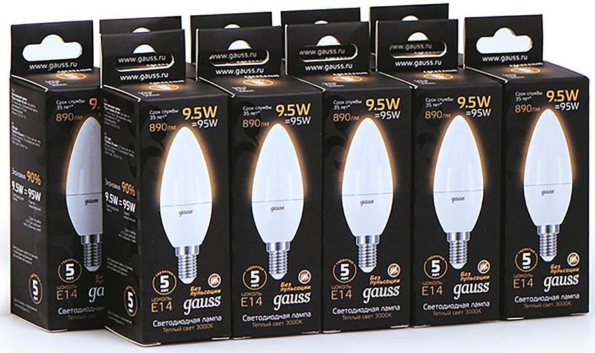 Лампа светодиодная Gauss A60 9.5Вт цок.:E14 свеча 220B 3000K св.свеч.бел.теп. C37 (упак.:10шт) (103101110) фото 7