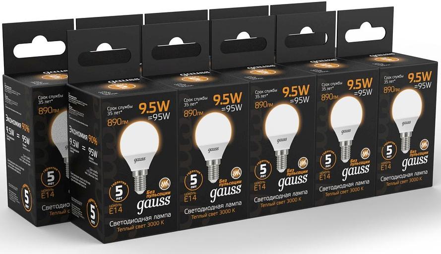Лампа светодиодная Gauss 9.5Вт цок.:E14 шар 220B 3000K св.свеч.бел.теп. (упак.:10шт) (105101110) фото 7