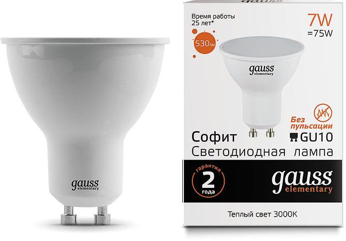 Лампа светодиодная Gauss Elementary MR16 7Вт цок.:GU10 спот 220B 3000K св.свеч.бел.теп. (упак.:10шт) (13617) фото 1