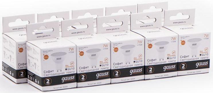 Лампа светодиодная Gauss Elementary MR16 7Вт цок.:GU10 спот 220B 3000K св.свеч.бел.теп. (упак.:10шт) (13617) фото 2