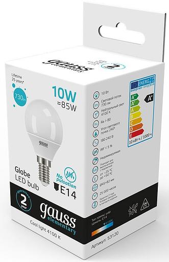 Лампа светодиодная Gauss Elementary 10Вт цок.:E14 шар 220B 4100K св.свеч.бел.ней. (упак.:10шт) (53120) фото 3
