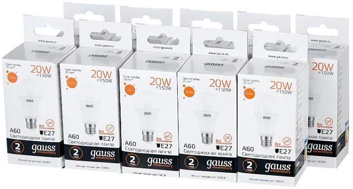 Лампа светодиодная Gauss Elementary 20Вт цок.:E27 груша 220B 3000K св.свеч.бел.теп. A60 (упак.:10шт) (23219) фото 1