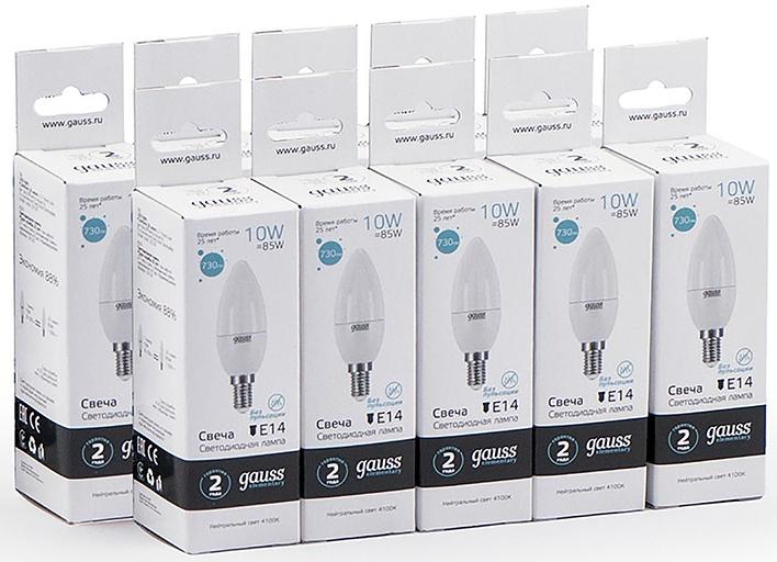 Лампа светодиодная Gauss Elementary 10Вт цок.:E14 свеча 220B 4100K св.свеч.бел.ней. C37 (упак.:10шт) (33120) фото 4