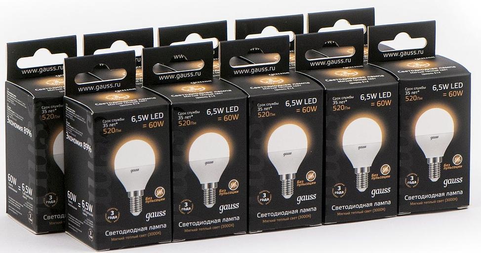 Лампа светодиодная Gauss 105101107 6.5Вт цок.:E14 шар 220B 3000K св.свеч.бел.теп. (упак.:10шт) фото 1