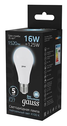 Лампа светодиодная Gauss A60 16Вт цок.:E27 груша 220B 4100K св.свеч.бел.ней. (упак.:10шт) (102502216) фото 4