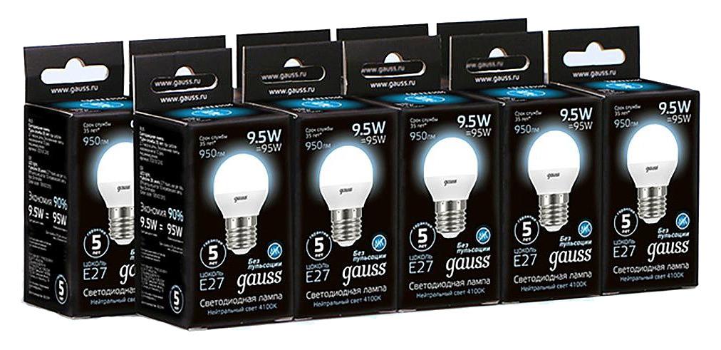 Лампа светодиодная Gauss 9.5Вт цок.:E27 шар 220B 4100K св.свеч.бел.ней. P45 (упак.:10шт) (105102210) фото 1