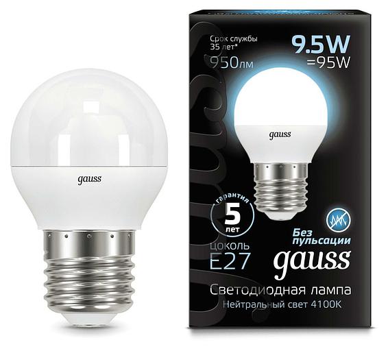 Лампа светодиодная Gauss 9.5Вт цок.:E27 шар 220B 4100K св.свеч.бел.ней. P45 (упак.:10шт) (105102210) фото 2