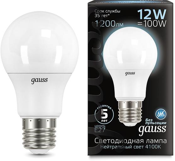 Лампа светодиодная Gauss A60 12Вт цок.:E27 шар 220B 4100K св.свеч.бел.ней. A60 (упак.:10шт) (102502212) фото 2