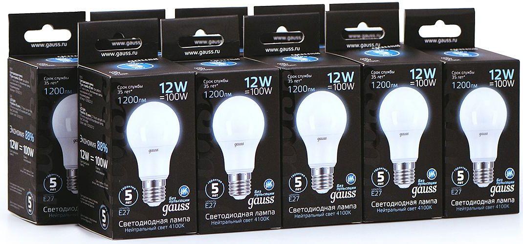 Лампа светодиодная Gauss A60 12Вт цок.:E27 шар 220B 4100K св.свеч.бел.ней. A60 (упак.:10шт) (102502212) фото 3