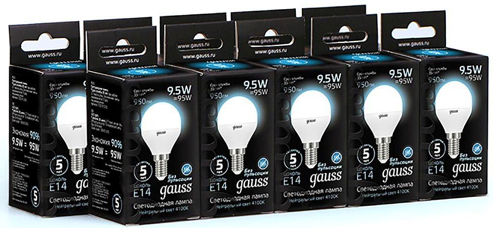 Лампа светодиодная Gauss 9.5Вт цок.:E14 шар 220B 4100K св.свеч.бел.ней. (упак.:10шт) (105101210) фото 6
