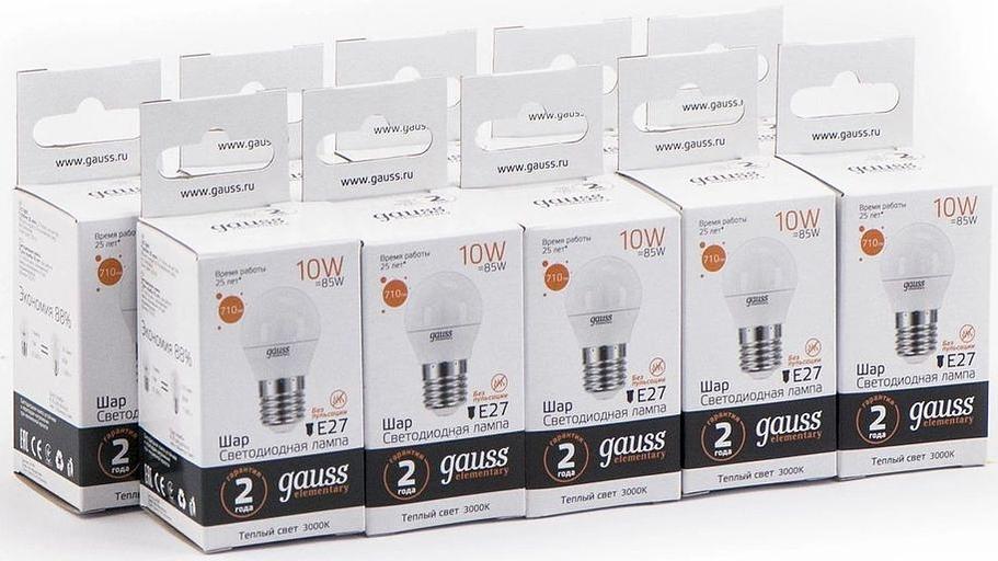 Лампа светодиодная Gauss Elementary 10Вт цок.:E27 шар 220B 3000K св.свеч.бел.теп. (упак.:10шт) (53210) фото 1