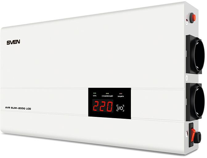 Стабилизатор SVEN AVR SLIM-2000 LCD, релейный, 1200вт, 2000Ва, 140-260в, функция «пауза», 1 евророзетка, 2.9 кг. SVEN AVR SLIM-2000 LCD (SV-013950) фото 1