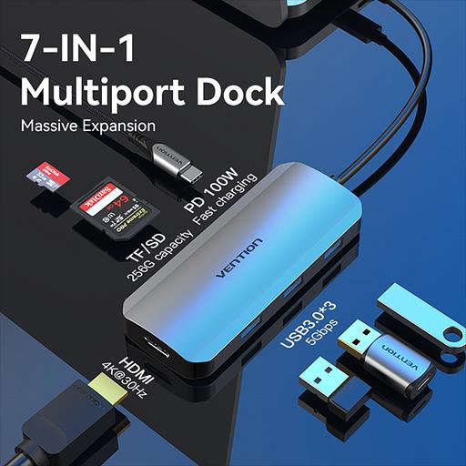 Порт-репликатор Vention USB-C to HDMI/USB 3.0x3/SD/TF/PD Docking Station Gray 0.15M Aluminum Alloy Type (TOJHB) фото 2