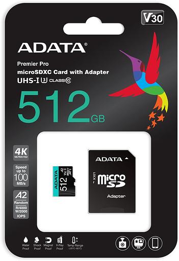 Флеш карта microSDHC 512Gb Class10 A-Data AUSDX512GUI3V30SA2-RA1 + adapter фото 4