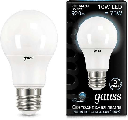 Лампа светодиодная Gauss A60 10Вт цок.:E27 груша 220B 4100K св.свеч.бел.ней. A60 (упак.:1шт) (102502210) фото 1