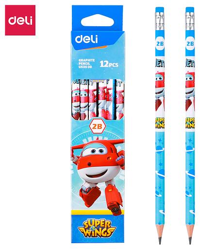 Карандаш ч/г Deli EU53500 Super Wings 2B шестигран. ассорти (12шт) ластик фото 3