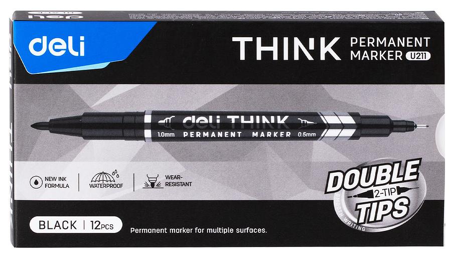 Маркер перманентный Deli EU211-BK Think двойной пиш. наконечник 0.5-1мм черный фото 2