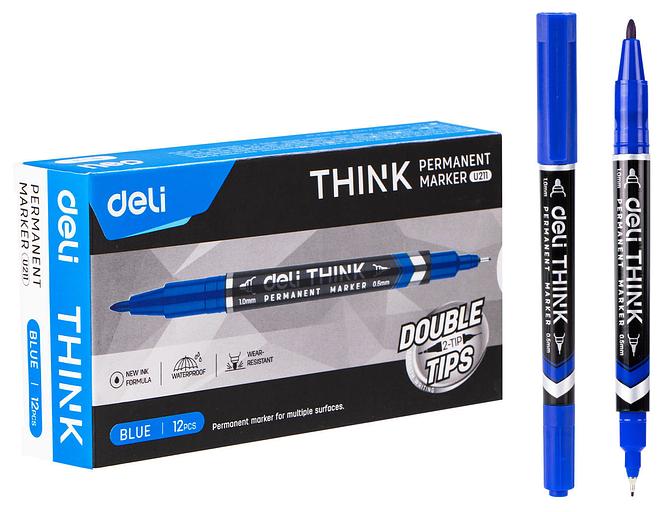 Маркер перманентный Deli EU211-BL двойной пиш. наконечник 0.5-1мм синий фото 1