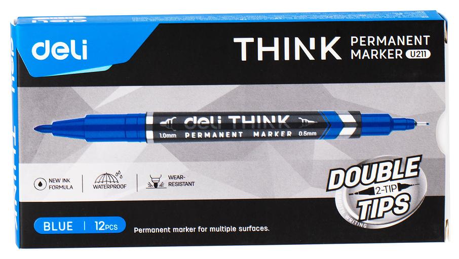 Маркер перманентный Deli EU211-BL двойной пиш. наконечник 0.5-1мм синий фото 2
