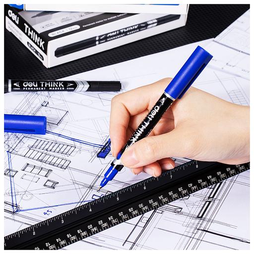 Маркер перманентный Deli EU211-BL двойной пиш. наконечник 0.5-1мм синий фото 6