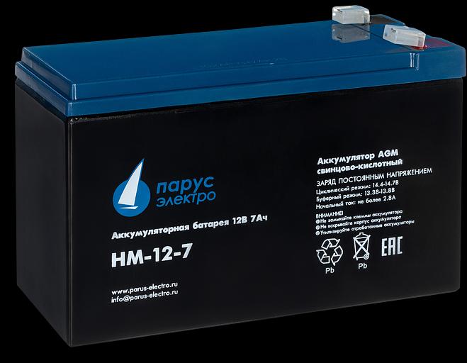 Батарея Парус Электро, стандартная серия HM-12-7, напряжение 12В, емкость 7.2Ач (разряд 20 часов), макс. ток разряда (5сек) 105А, макс. ток заряда 2.88А, свинцово-кислотная типа AGM, клеммы F2, ДхШхВ 151х65х94мм., полная высота с клеммами 100мм., вес 2.4к фото 1
