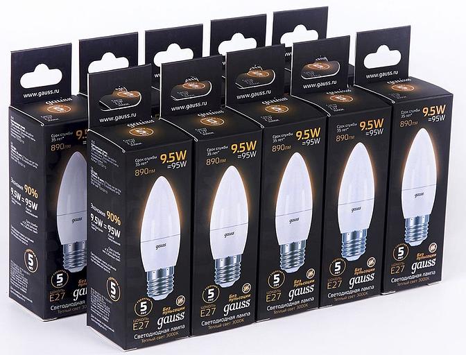 Лампа светодиодная Gauss 9.5Вт цок.:E27 свеча 220B 3000K св.свеч.бел.теп. (упак.:10шт) (103102110) фото 3
