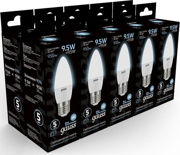 Лампа светодиодная Gauss 9.5Вт цок.:E27 свеча 220B 4100K св.свеч.бел.ней. (упак.:10шт) (103102210) фото 3