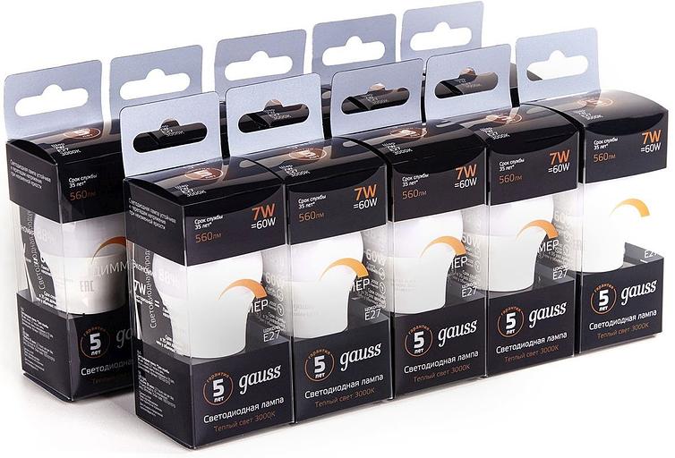 Лампа светодиодная Gauss 7Вт цок.:E27 шар 220B 3000K св.свеч.бел.теп. (упак.:10шт) (105102107-D) фото 3