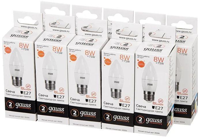Лампа светодиодная Gauss Elementary 8Вт цок.:E27 свеча 220B 3000K св.свеч.бел.теп. C37 (упак.:10шт) (33218) фото 4
