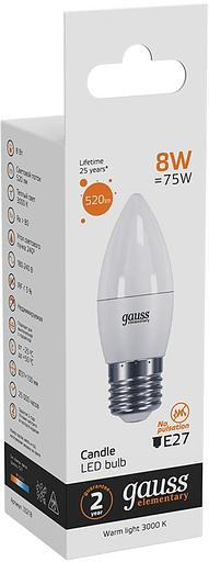 Лампа светодиодная Gauss Elementary 8Вт цок.:E27 свеча 220B 3000K св.свеч.бел.теп. C37 (упак.:10шт) (33218) фото 6
